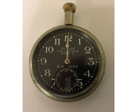 A WWI RFC/RAF 30 hours non luminous Mark V pocket watch, the reverse marked 'A' above a broad arrow.