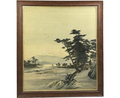 A LARGE JAPANESE YUZEN-BIRODO (CUT VELVET) PANEL DEPICTING MOUNT FUJI BENEATH TREES, RIVER AND BIRDS. In the manner of Takash