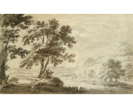 A PENCIL AND WATERCOLOUR SKETCH OF TREES ON A HILLSIDE, Label to verso for Christopher Powney of Berkeley Square, London, dea