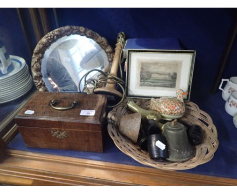A GEORGE III TEA CADDY, a circular barbola wall mirror and sundries