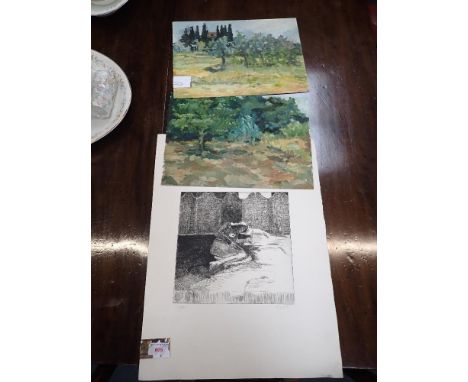 MARZIA B COLONNA: 'SUMMER', oil on paper, unframed, signed verso and dated 1977, another similar work and an etching of a rec