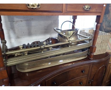 A COLLECTION OF FIRE TOOLS, FENDERS, a coal scuttle and other metalware