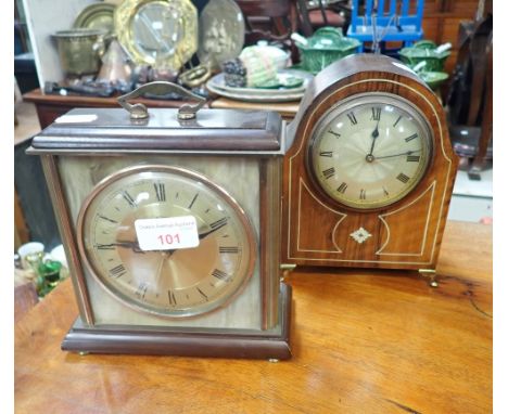 AN EDWARDIAN MAHOGANY CASED MANTEL CLOCK and another clock