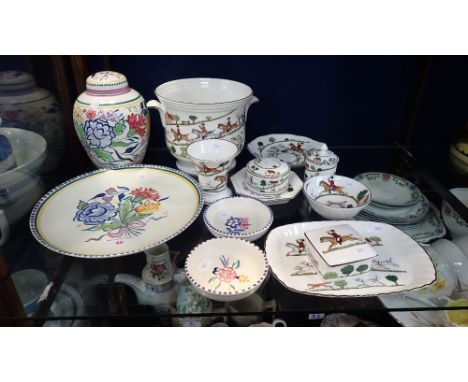 A COLLECTION OF 'HUNTING SCENE' POTTERY by various makers and four pieces of traditionally painted Poole Pottery