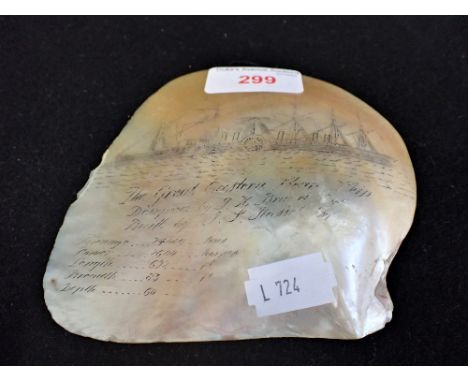 SHIPPING AND BRUNEL INTEREST, A 19TH CENTURY MOTHER OF PEARL SHELL, carved with 'The Great Eastern Steamship' designed by I K