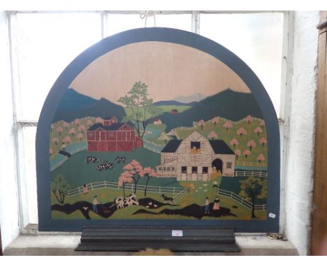 AN AMERICAN FOLKART STYLE PAINTED PANEL, mounted as a firescreen, decorated with farmyard scenes, 90cms wide