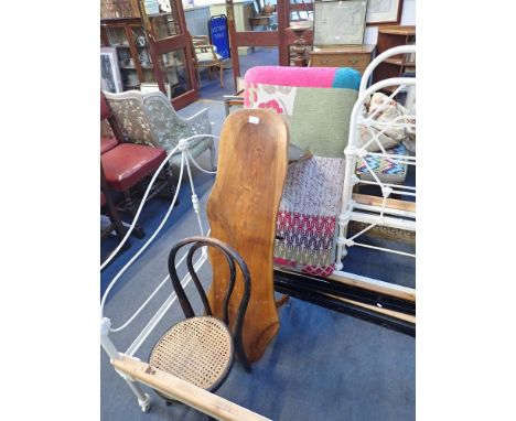 A LARGE STOOL, upholstered in bright materials, a coffee table, a Child's bentwood chair and a small 19th century tripod tabl