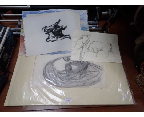 ANNA BUONCRISTIANI A FRAMED PENCIL SKETCH OF BULL FIGHTING SCENE, others similar unframed and other sketches by the same arti
