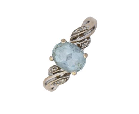 An aquamarine ring with diamond shoulders, in gold marked 9k, 2.7g, size S  Light wear