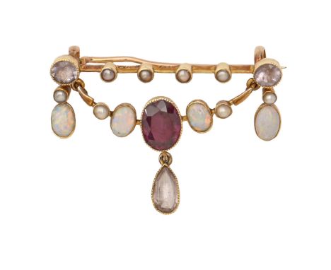 An amethyst, opal, split pearl and white stone articulated festoon brooch, c1910, in gold, by Murle, Bennett &amp; Co, 35mm l