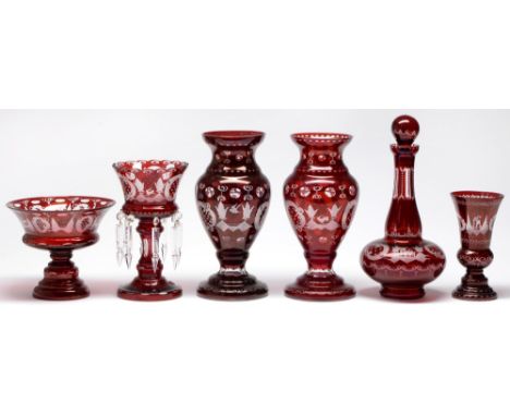 A pair of Egermann ruby cut glass vases, 33cm h, decanter and stopper, footed bowl, lustre vase and a goblet, mid 20th c  