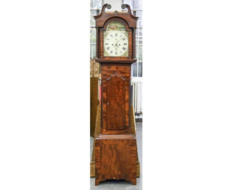 A Victorian eight day mahogany longcase clock, the breakarched and painted dial with date sector, brass ringed winding square