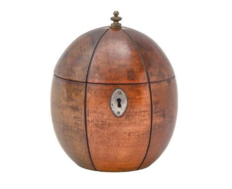 An English fruitwood and ebonised melon form tea caddy, oval steel escutcheon, 13cm h  Good condition