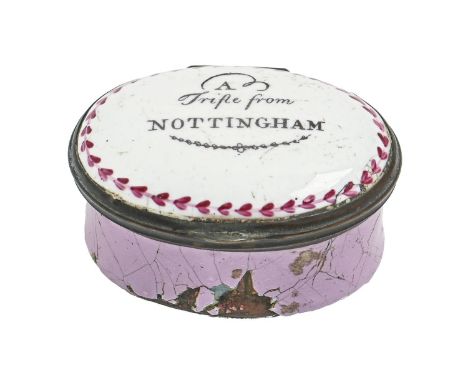 A South Staffordshire enamel patch box, c1780, the lid inscribed A Trifle from Nottingham in puce husk surround, the base pin