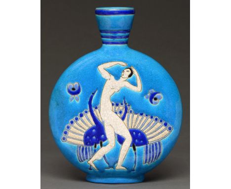 An Art Deco Primavera earthenware moon flask, c1930, 29cm h, printed shield and dotted circle PRIMAVERA LONGWY FRANCE mark  G