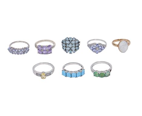 Eight silver or silver gilt rings, variously gem set, 29g, size P, R  Good condition