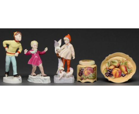 Three Royal Worcester figures of children and two Aynsley fruit decorated items, late 20th c, various sizes, printed marks  G