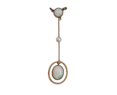 An opal and seed pearl openwork pendant, early 20th c, in gold, 42mm h, 1.4g  Good condition