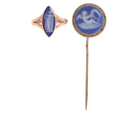 A Wedgwood dark blue jasper cameo,&nbsp;19th c,&nbsp;later mounted as a ring, the shank 9ct rose gold, and a similar base met