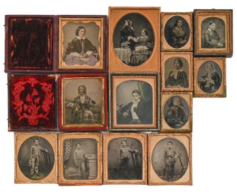 Victorian photographs. Thirteen 1/6 and 1/9 plate wet collodion positive (Ambrotype) portraits of men, women and a couple, ca