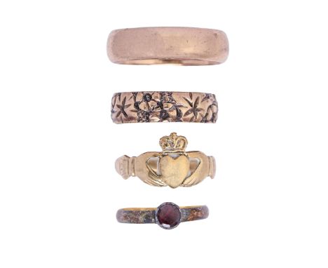 A foiled garnet ring, with Victorian 22ct gold hoop, Birmingham no date letter, 1.8g and three various 9ct gold rings, 11.4g,