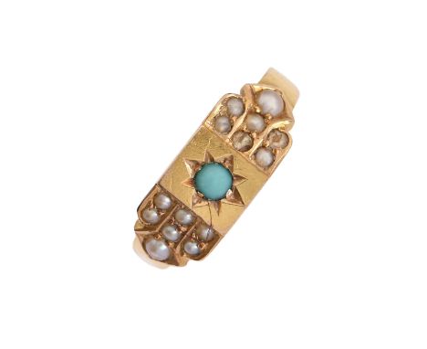 A Victorian turquoise and split pearl ring, gypsy set in 15ct gold, Birmingham 1890, 2.2g, size K  Lacking several of the spl