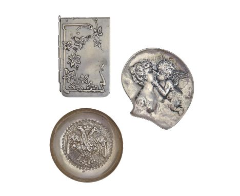 A French Art Nouveau die stamped and silvered metal aide memoir, c1910,&nbsp;&nbsp;with Ceres and Putto after E Dropsy, penci