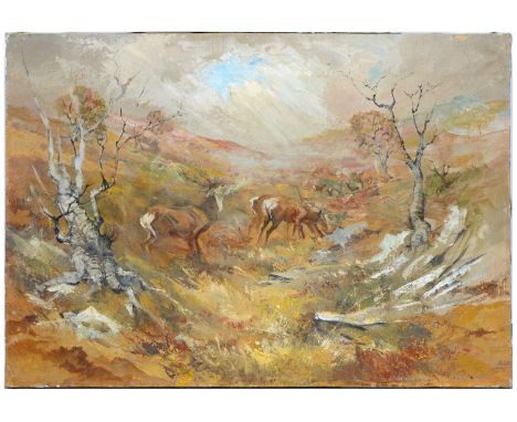 Barbara, Lady Brassey, nee Jorgensen (1911-2010) - Deer in the Hills - a sketch, signed and dated '75, oil on canvas, 35.5 x 