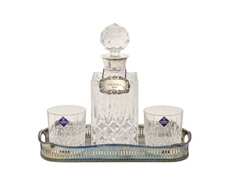 An Elizabeth II silver-mounted square cut-glass decanter,&nbsp;F Drury Ltd,&nbsp;Sheffield 1982, a silver whisky decanter lab