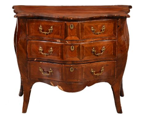 A Louis XV kingwood and rosewood commode, Scandinavia, with quarter veneered top and fitted with three drawers with gilt bras