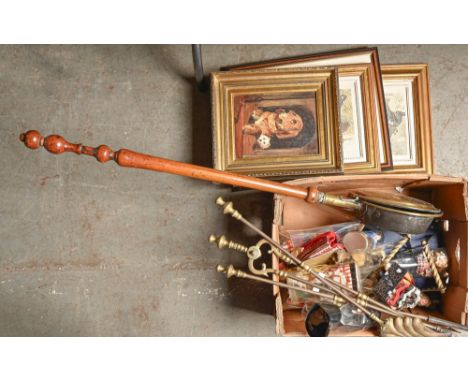 A brass warming pan, set of brass fire irons, miscellaneous costume dolls, mother of pearl manicure set, pictures, prints, et