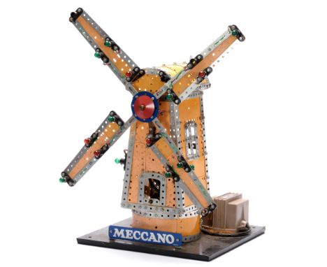 A Meccano retailer's working model windmill, c1960-70, electrically operated, on black painted baseboard with blue and white 