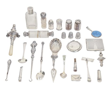 An Edwardian silver baby's rattle, another and miscellaneous other silver smallwork,&nbsp;to include envelope postage stamp c