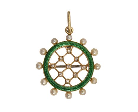 A diamond, pearl and gold and green guilloche enamel circlet brooch-pendant, early 20th c, with trellis centre, 23mm diam, 4.