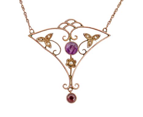 An amethyst and split pearl openwork pendant, early 20th c, in gold, on integral necklet, pendant 34mm h, 3.5g  Good conditio