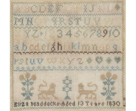 A George IV wool sampler, Eliza Maddocks aged 13 years 1830, worked with lions, plants and letters and numbers, 19.5 x 19.5cm