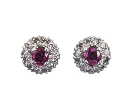 A pair of ruby and diamond cluster earrings, in white gold, 10mm diam, scratched inventory numbers, unmarked, 4.4g  Good cond