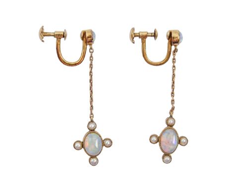 A pair of opal and pearl earrings, early 20th c, in gold, suspended from gold chain, 36mm, unmarked, 2.3g  Good condition