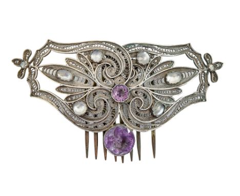 An amethyst, moonstone and silver coloured metal and filigree hair slide, early 20th c, 13.5cm l, 61.5g  One of the base meta