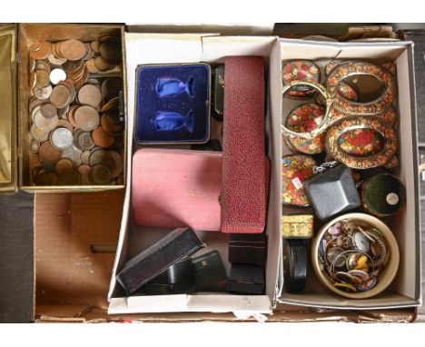 Miscellaneous items, including British pre-decimal, later and other foreign coins, papier mache trinket boxes, jewellery boxe