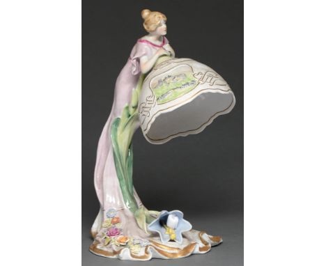 A German porcelain figural standard lamp and shade, late 20th c, in Art Deco style, 40cm h  Dirt and grime but no obvious dam