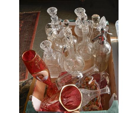 Miscellaneous glassware, including a Bohemian portrait vase, 36cm h, cut glass and other decanters, a Shipstones Nottingham s