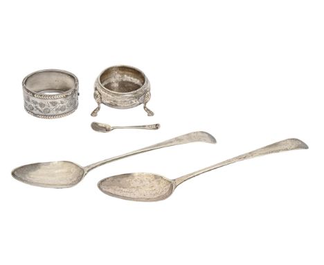 Two George III silver tablespoons, a Victorian silver salt cellar, salt spoon and a Victorian silver bangle, with applied dec