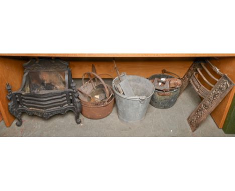 An Edwardian cast iron fire surround, 63cm w, a later cast iron basket grate, 56cm w and miscellaneous other metalware, inclu