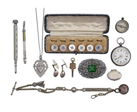 A Swiss silver lever lady's watch with enamel dial, c1900, 39mm diam and miscellaneous costume jewellery, etc  Watch in good 