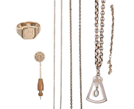 A Victorian gold stickpin, gypsy set with diamond, two gold chains, an aquamarine pendant and a gold signet ring, 21.8g  Chai