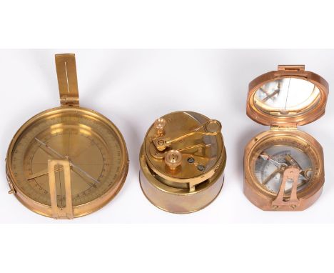 Three brass scientific instruments, late 20th c, including a box sextant, 77mm diam  Good condition, well made, replicas