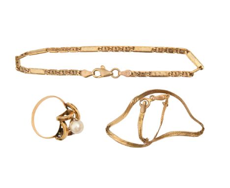 A cultured pearl ring, probably French, in gold, indistinctly marked, 2.4g, size Q and two 9ct gold bracelets, 5.4g (3)  Good