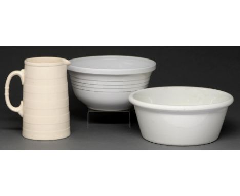 A Copeland white earthenware hoop jug, a similar Royal Doulton basin and a white glazed stoneware example (3)  Good condition