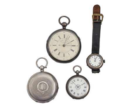 A Swiss hunting cased silver lever watch, c1900, engine turned, 50mm diam and two other contemporary silver watches and a sil